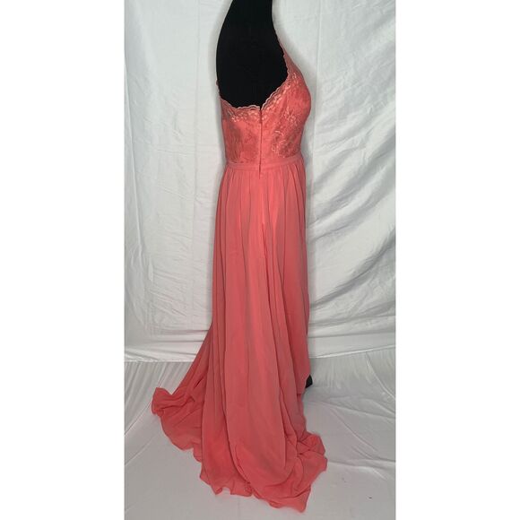 NWT JJs House Watermelon One Shoulder Long Lace Chiffon Bridesmaid‎ Dress US10 - Picture 2 of 14